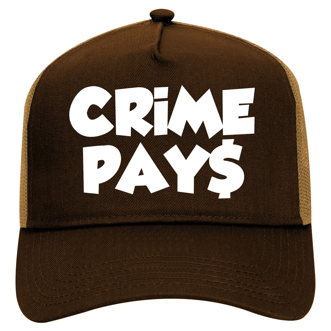 Crime Pays Bubble Letters Mens Mesh Trucker Hat Brown