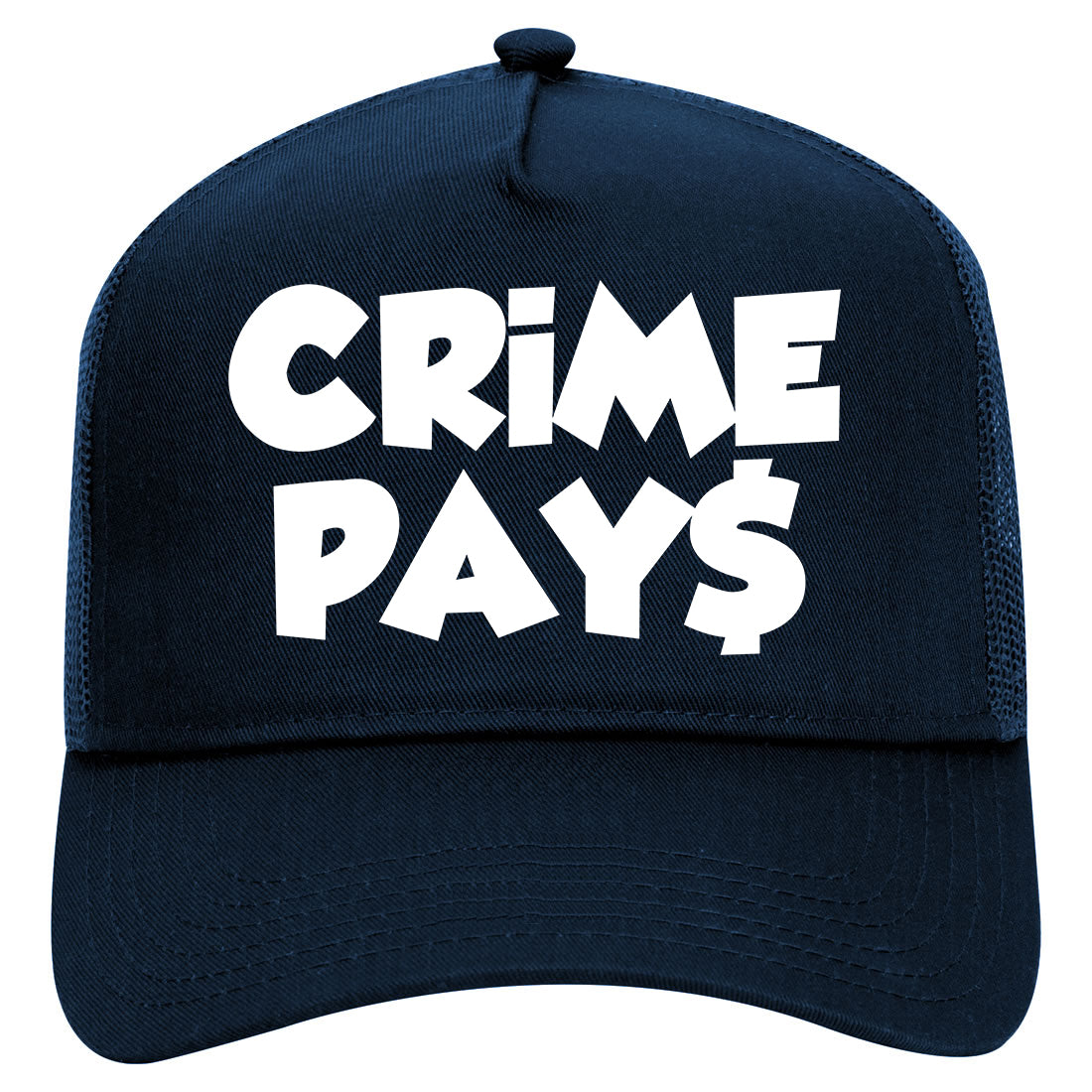 Crime Pays Bubble Letters Mens Mesh Trucker Hat Navy Blue