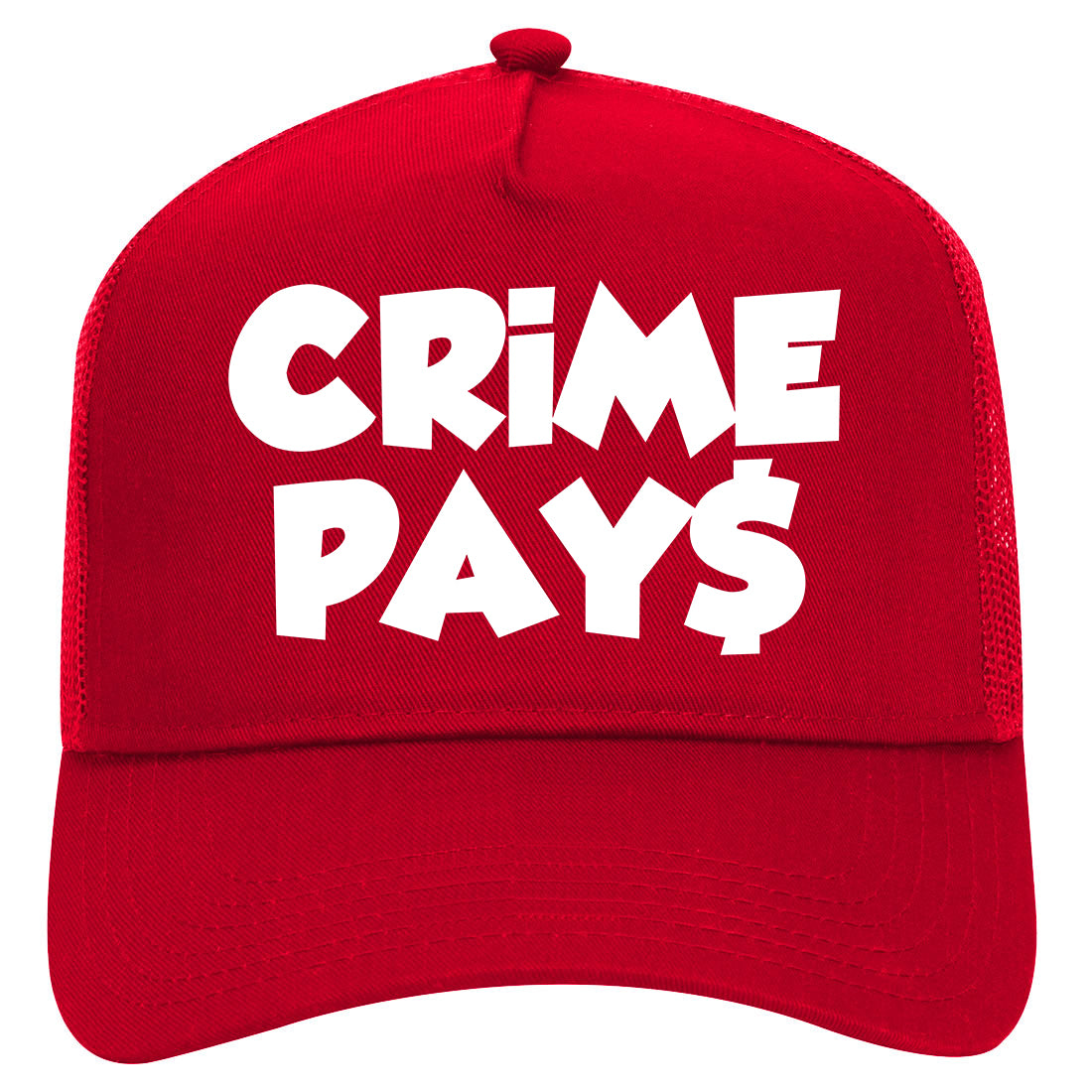 Crime Pays Bubble Letters Mens Mesh Trucker Hat Red