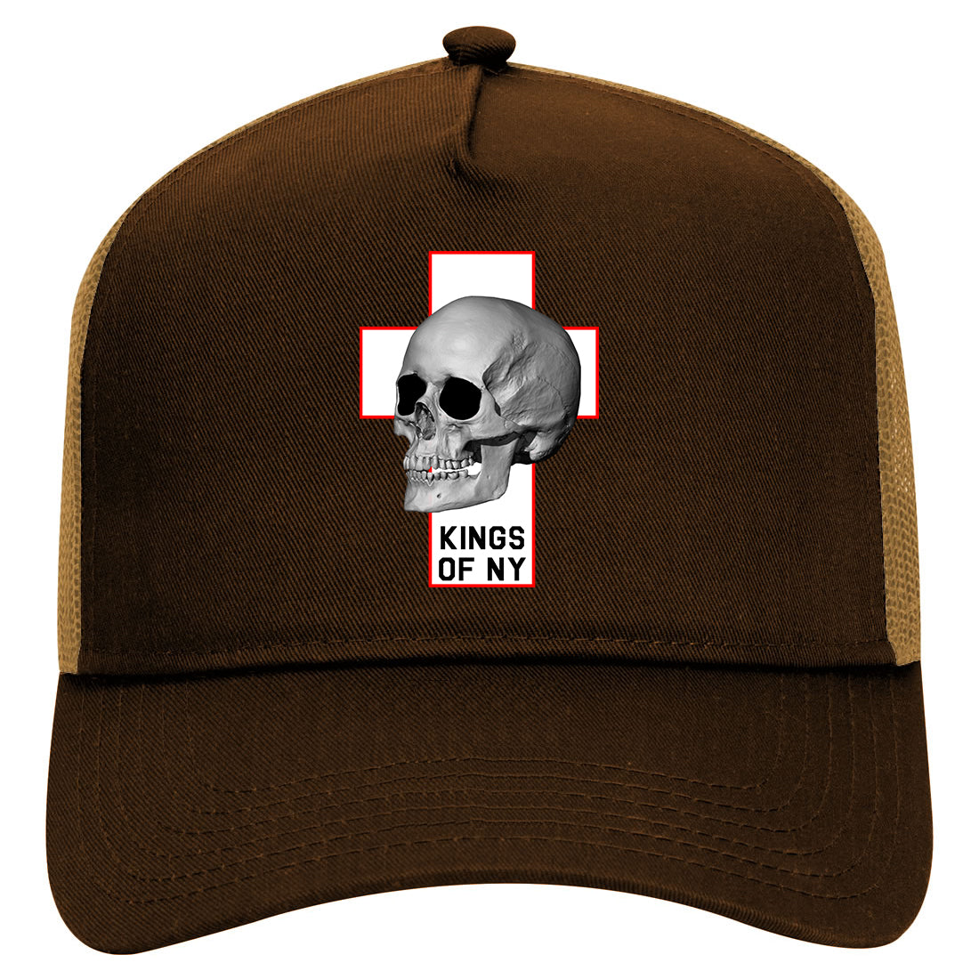 Cross And Skull Chest Mens Mesh Trucker Hat Brown