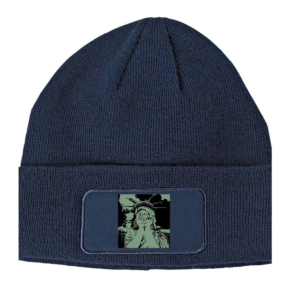 Crying Statue Of Liberty Winter Knit Adult Beanie Hat Navy Blue
