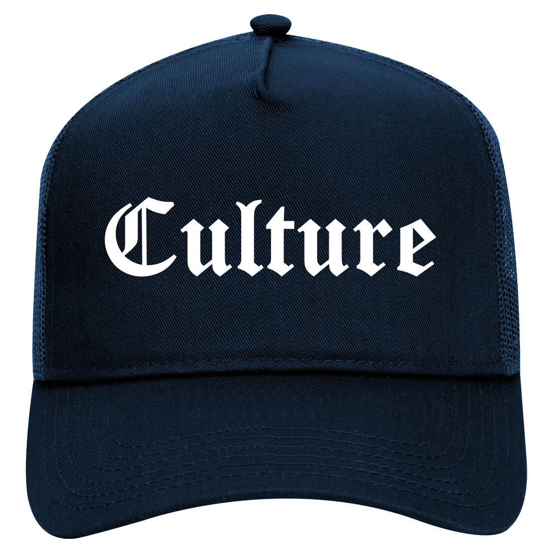 Culture Gothic Font Mens Mesh Trucker Hat Navy Blue