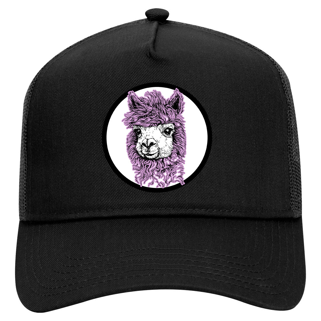 Cute Alpaca Face Circle Mens Mesh Trucker Hat Black