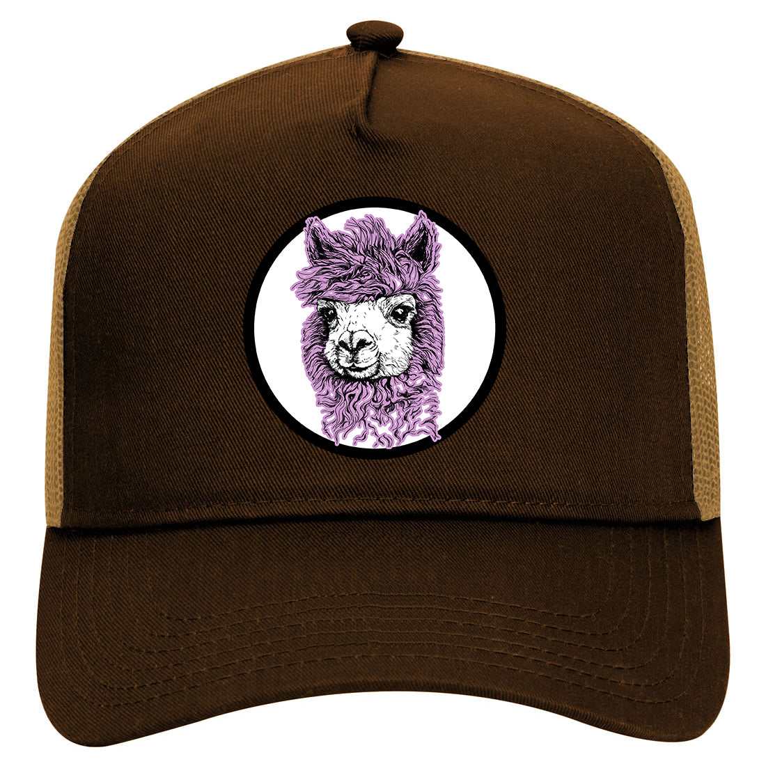 Cute Alpaca Face Circle Mens Mesh Trucker Hat Brown