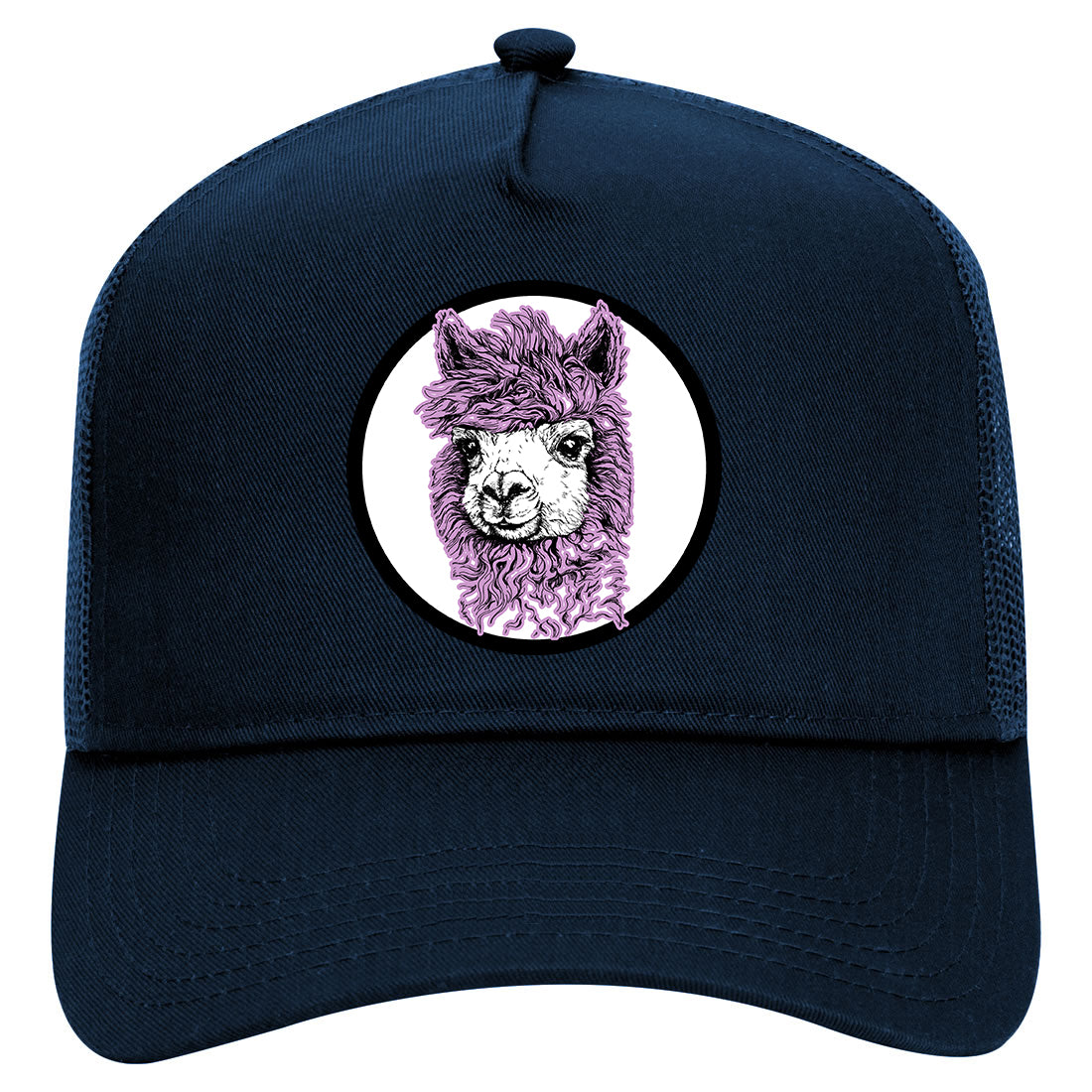 Cute Alpaca Face Circle Mens Mesh Trucker Hat Navy Blue