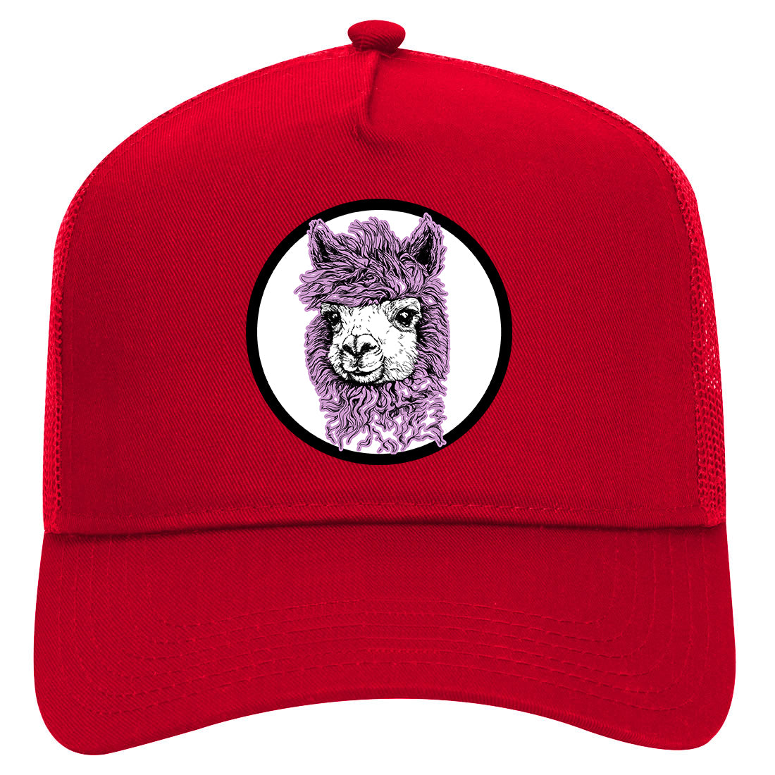 Cute Alpaca Face Circle Mens Mesh Trucker Hat Red