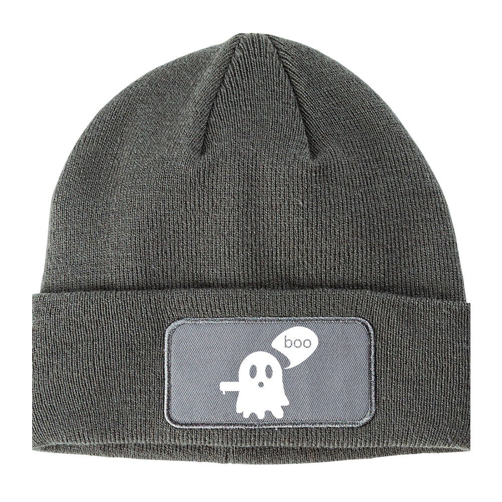 Cute Displeased Ghost Halloween Winter Knit Adult Beanie Hat Grey