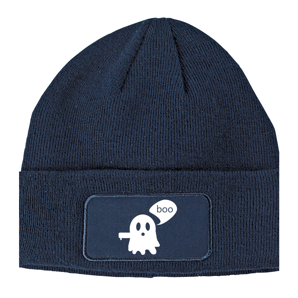 Cute Displeased Ghost Halloween Winter Knit Adult Beanie Hat Navy Blue