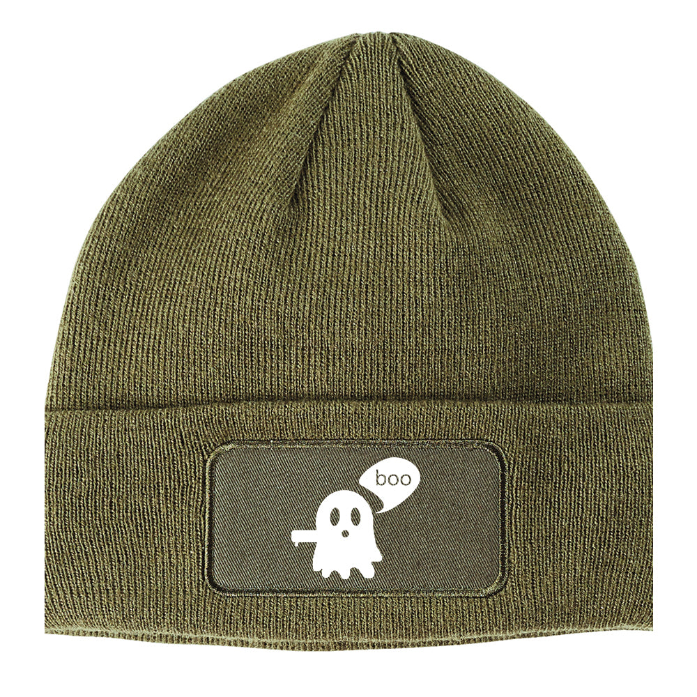 Cute Displeased Ghost Halloween Winter Knit Adult Beanie Hat Olive Green