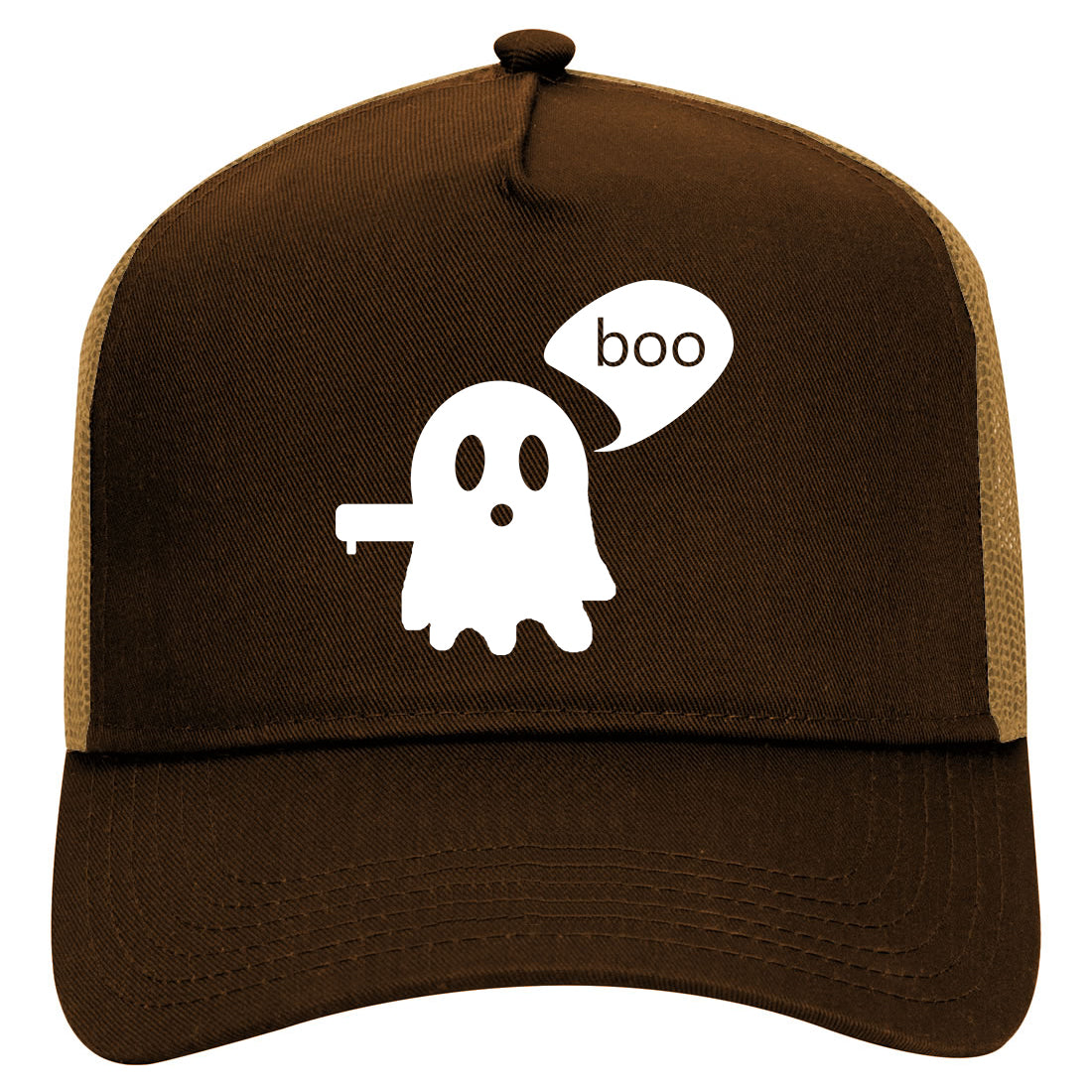 Cute Displeased Ghost Halloween Mens Mesh Trucker Hat Brown