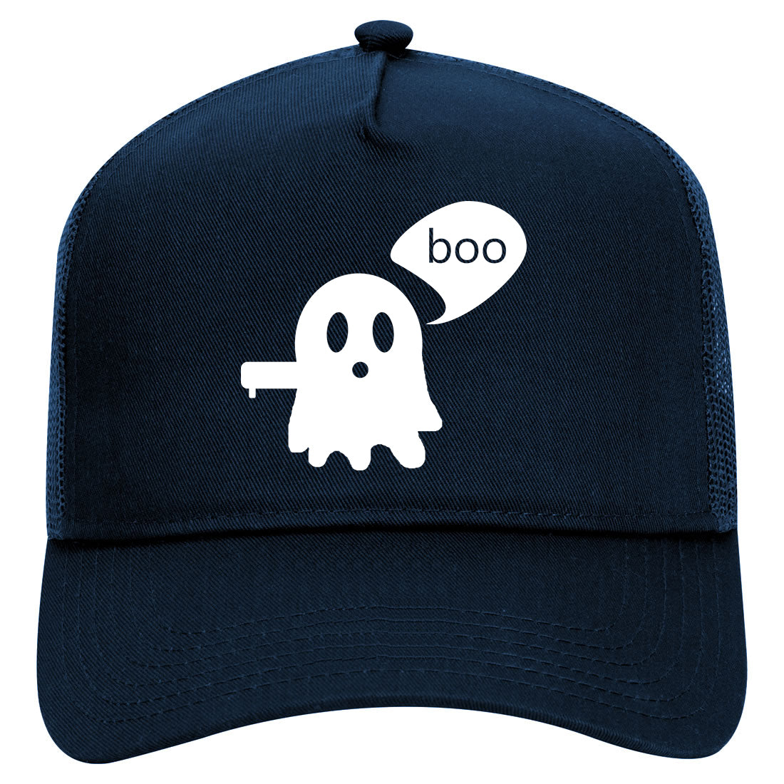 Cute Displeased Ghost Halloween Mens Mesh Trucker Hat Navy Blue