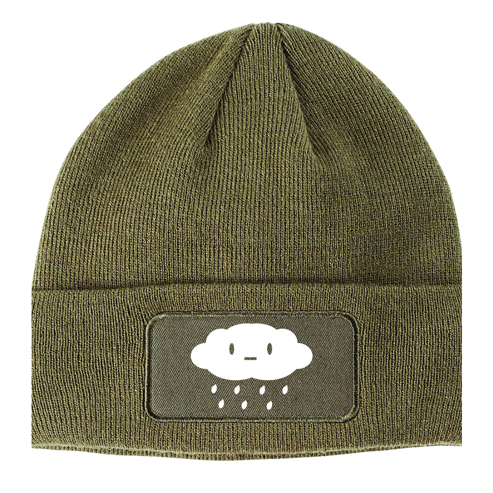 Cute Face Rain Cloud Winter Knit Adult Beanie Hat Olive Green