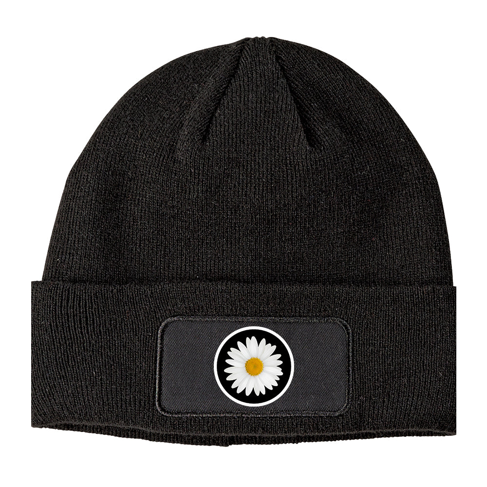 Daisy Flower Winter Knit Adult Beanie Hat Black