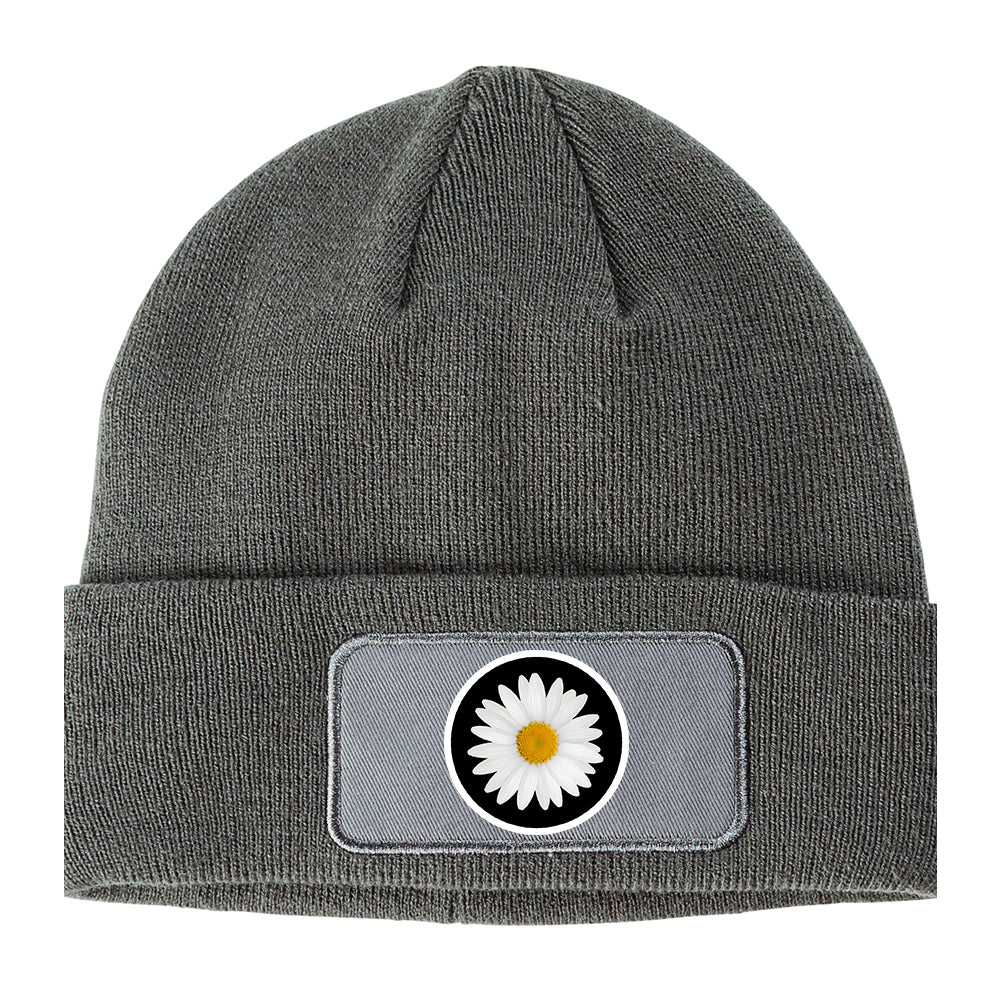 Daisy Flower Winter Knit Adult Beanie Hat Grey