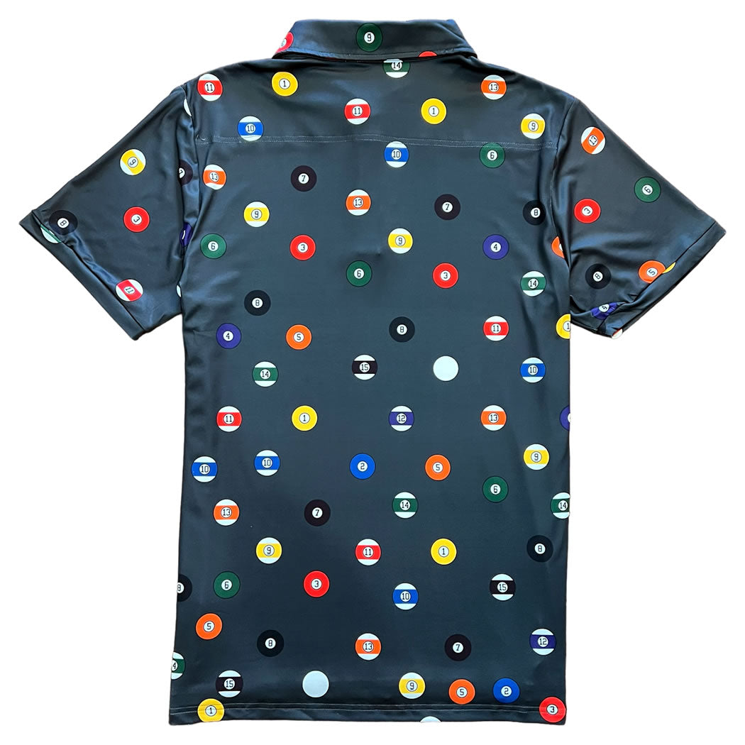 Dark Grey Billiard Balls Pool Table Men's Polo Golf Shirt Back