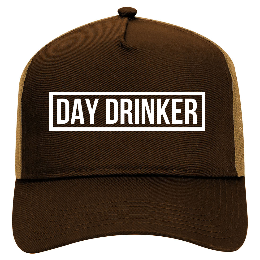 Day Drinker Box Logo Mens Mesh Trucker Hat Brown