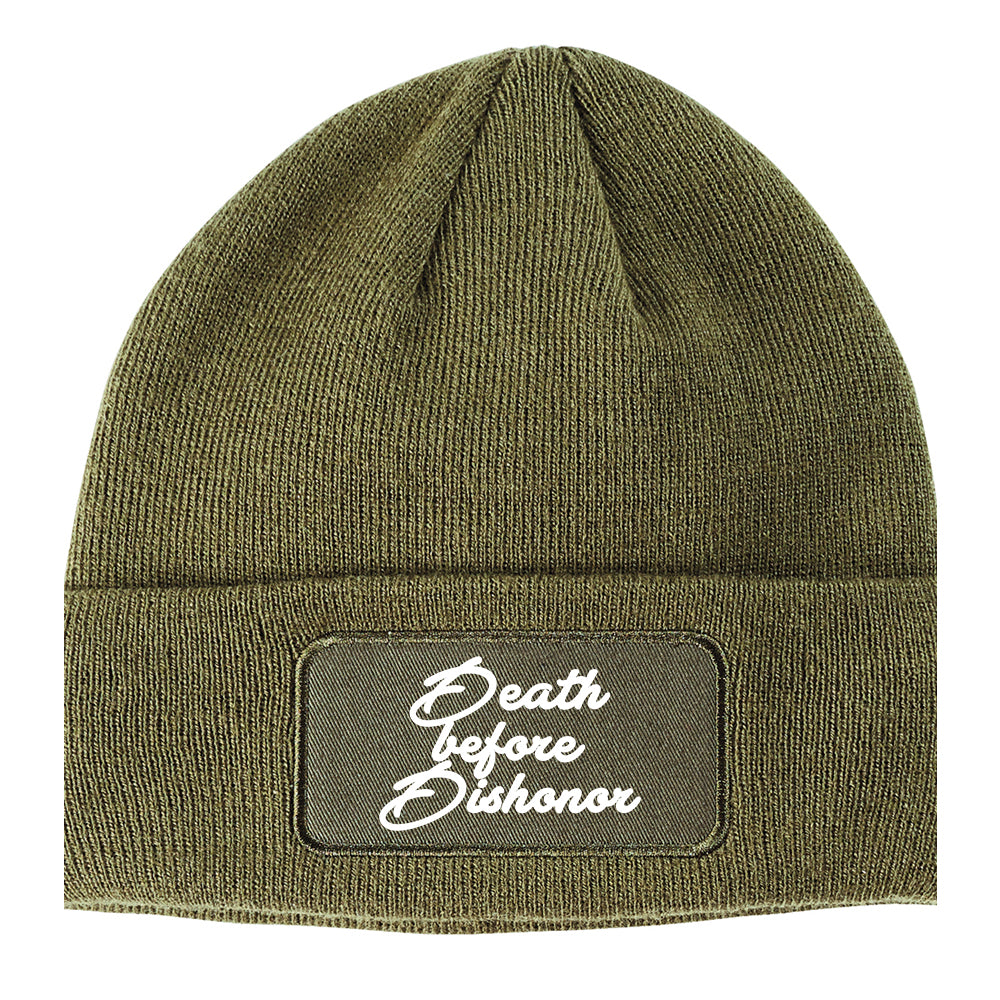 Death Before Dishonor Script Winter Knit Adult Beanie Hat Olive Green
