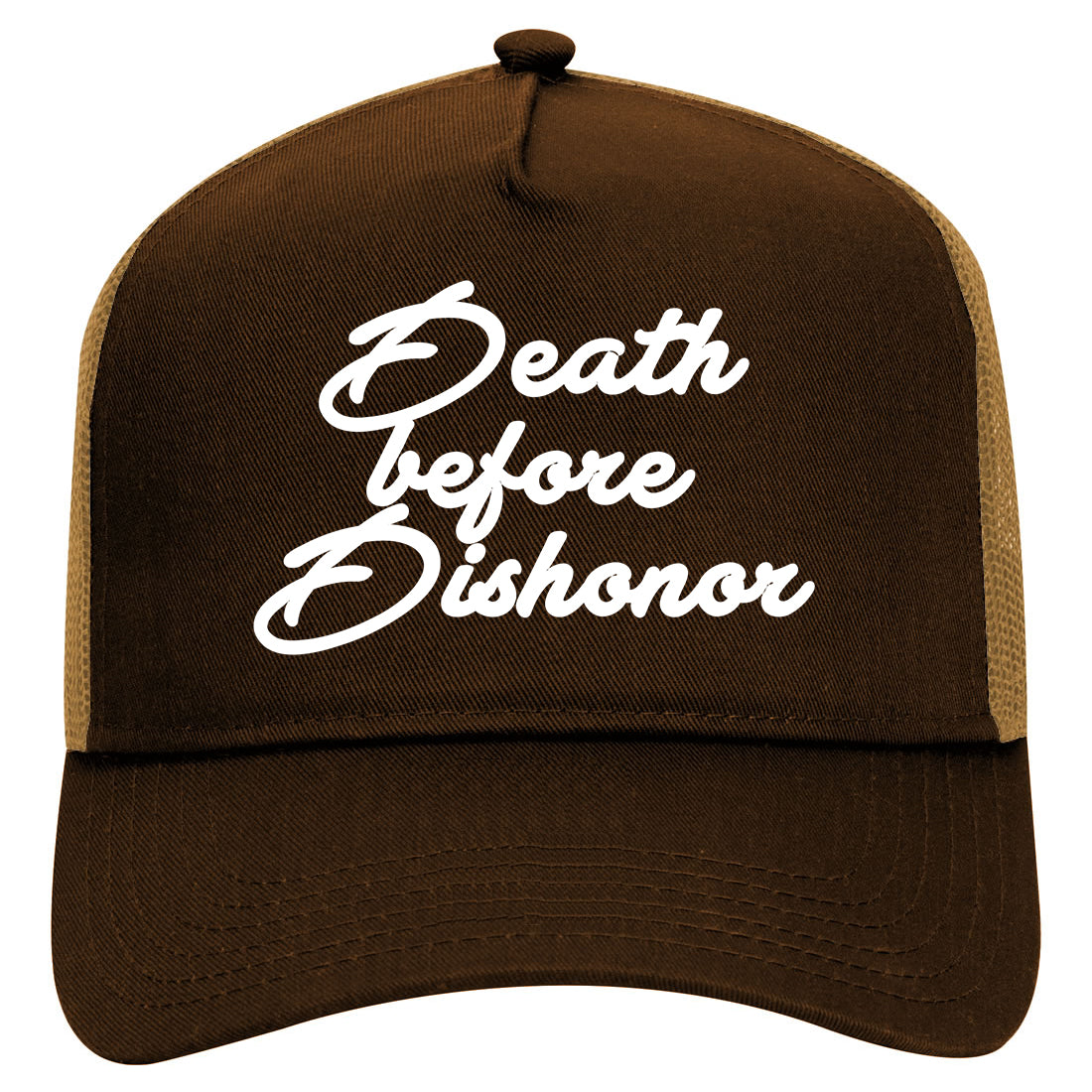 Death Before Dishonor Script Mens Mesh Trucker Hat Brown