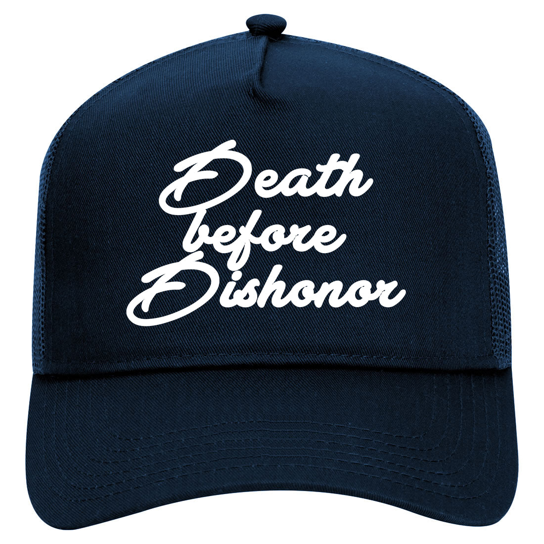 Death Before Dishonor Script Mens Mesh Trucker Hat Navy Blue