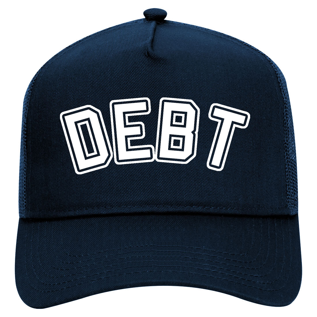 Debt College Adulting Mens Mesh Trucker Hat Navy Blue