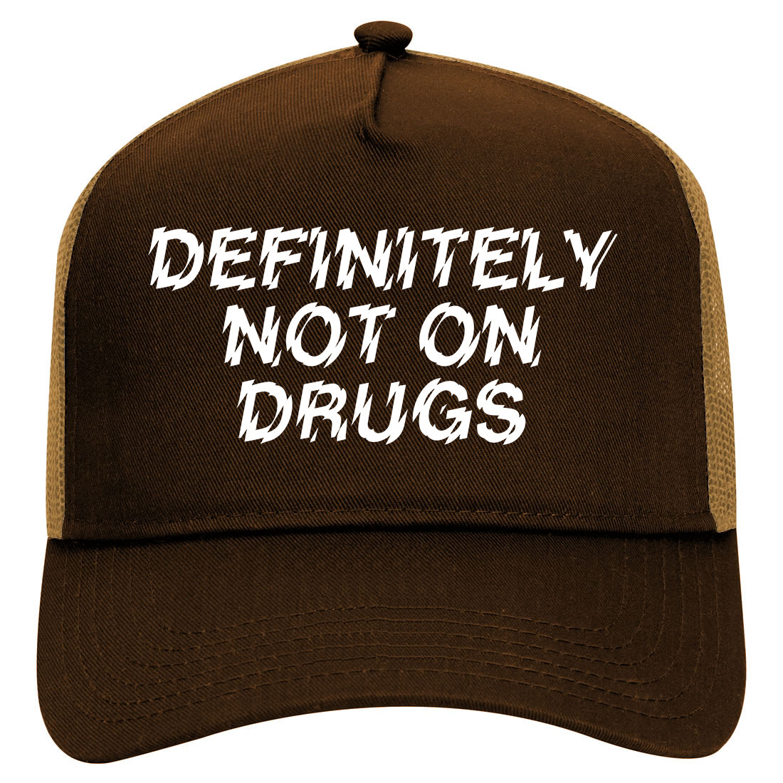 Definitely Not On Drugs Festival Mens Mesh Trucker Hat Brown