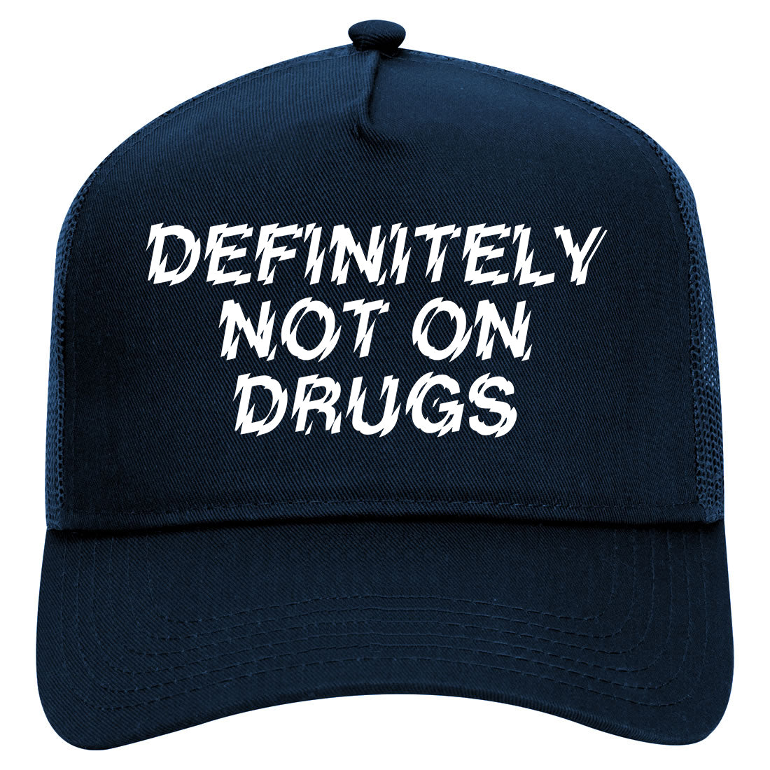 Definitely Not On Drugs Festival Mens Mesh Trucker Hat Navy Blue