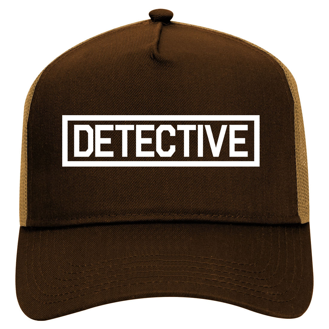 Detective Box Logo Mens Mesh Trucker Hat Brown