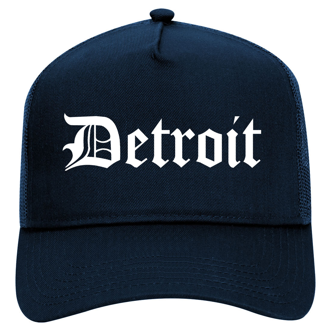 Detroit Old English Mens Mesh Trucker Hat Navy Blue