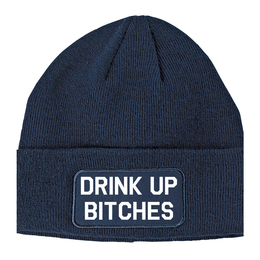 Drink Up Bitches Winter Knit Adult Beanie Hat Navy Blue