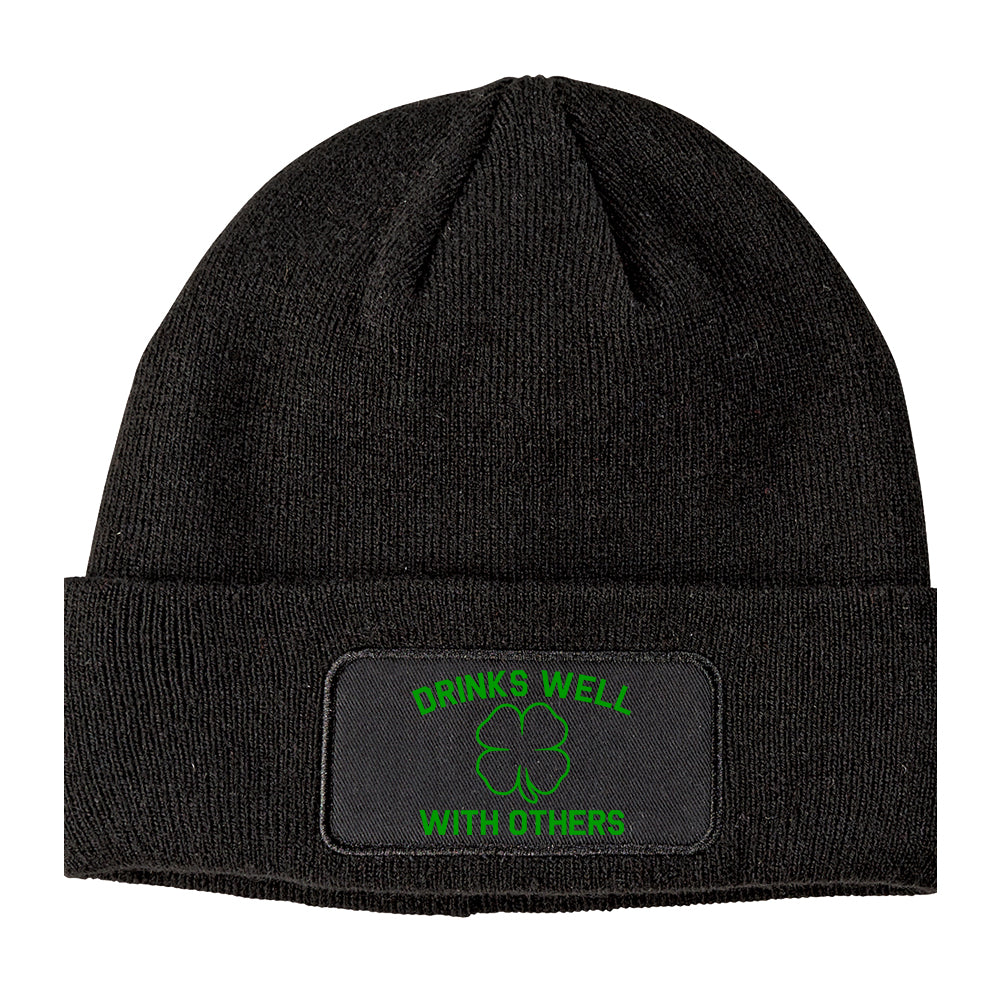 Drinks Well With Others St Patricks Day Winter Knit Adult Beanie Hat Black