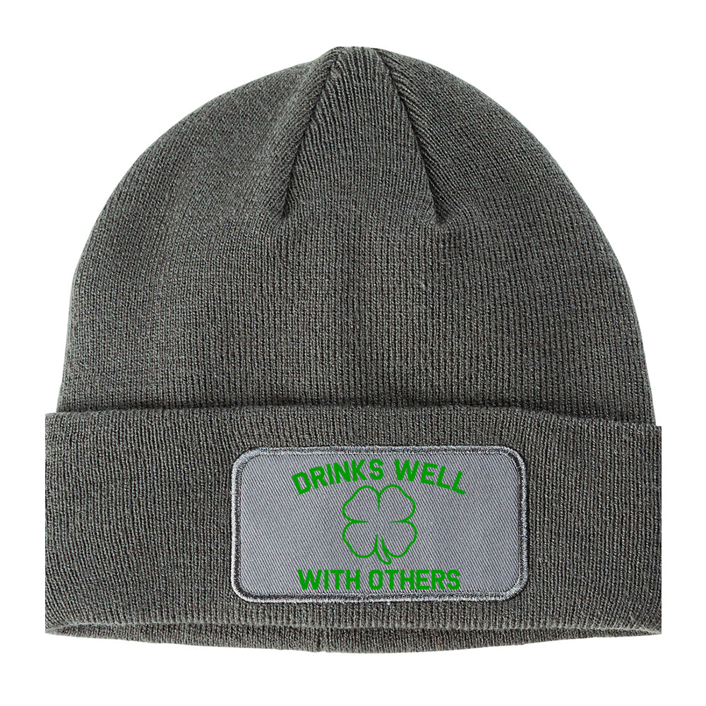 Drinks Well With Others St Patricks Day Winter Knit Adult Beanie Hat Grey