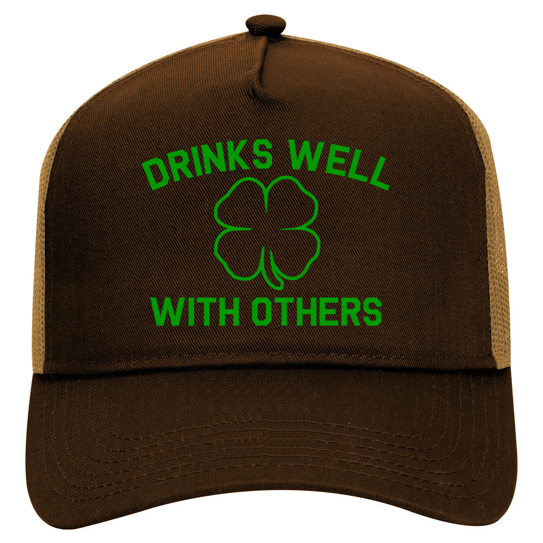 Drinks Well With Others St Patricks Day Mens Mesh Trucker Hat Brown