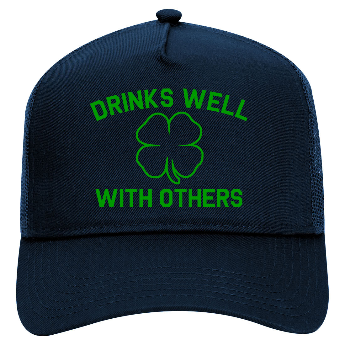 Drinks Well With Others St Patricks Day Mens Mesh Trucker Hat Navy Blue