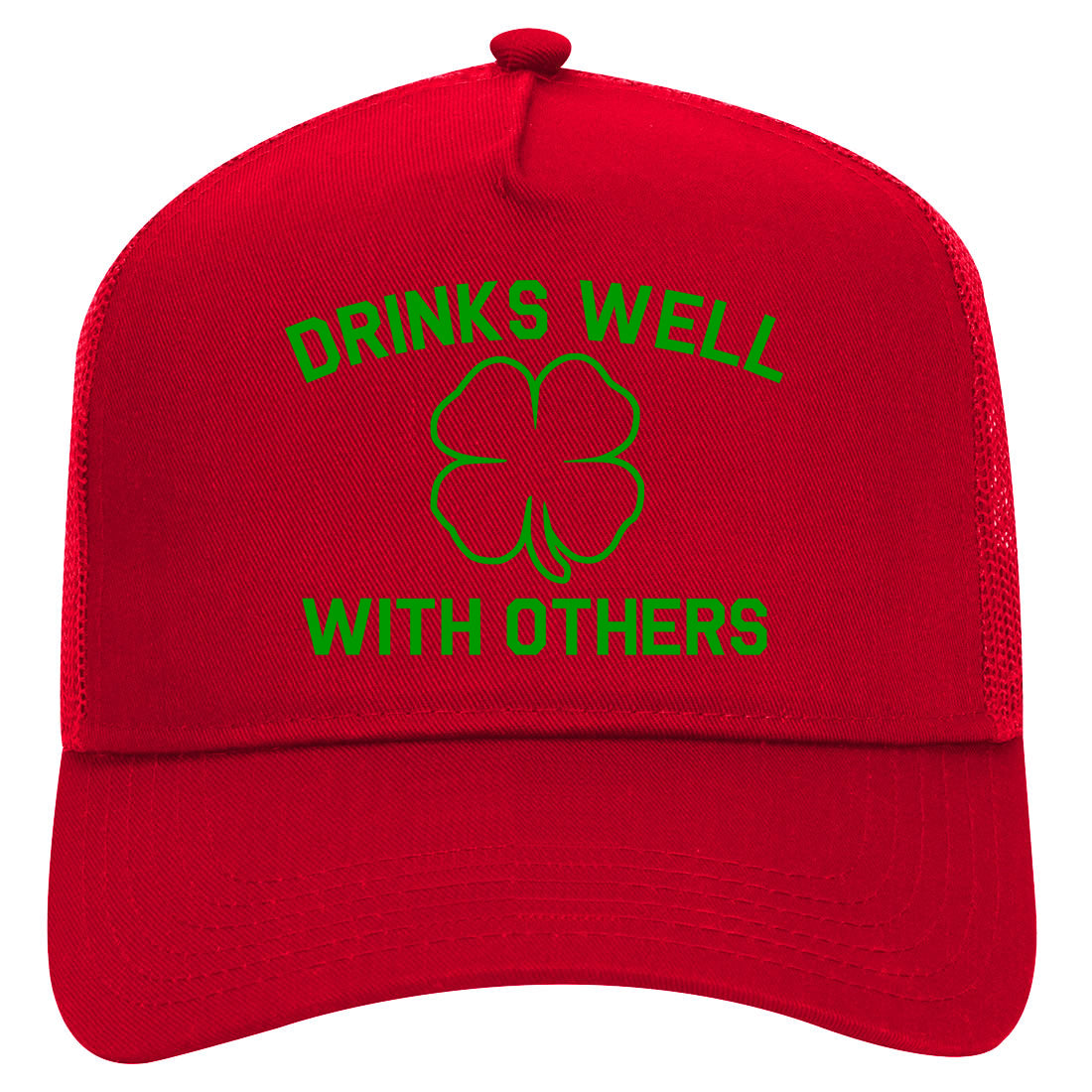 Drinks Well With Others St Patricks Day Mens Mesh Trucker Hat Red