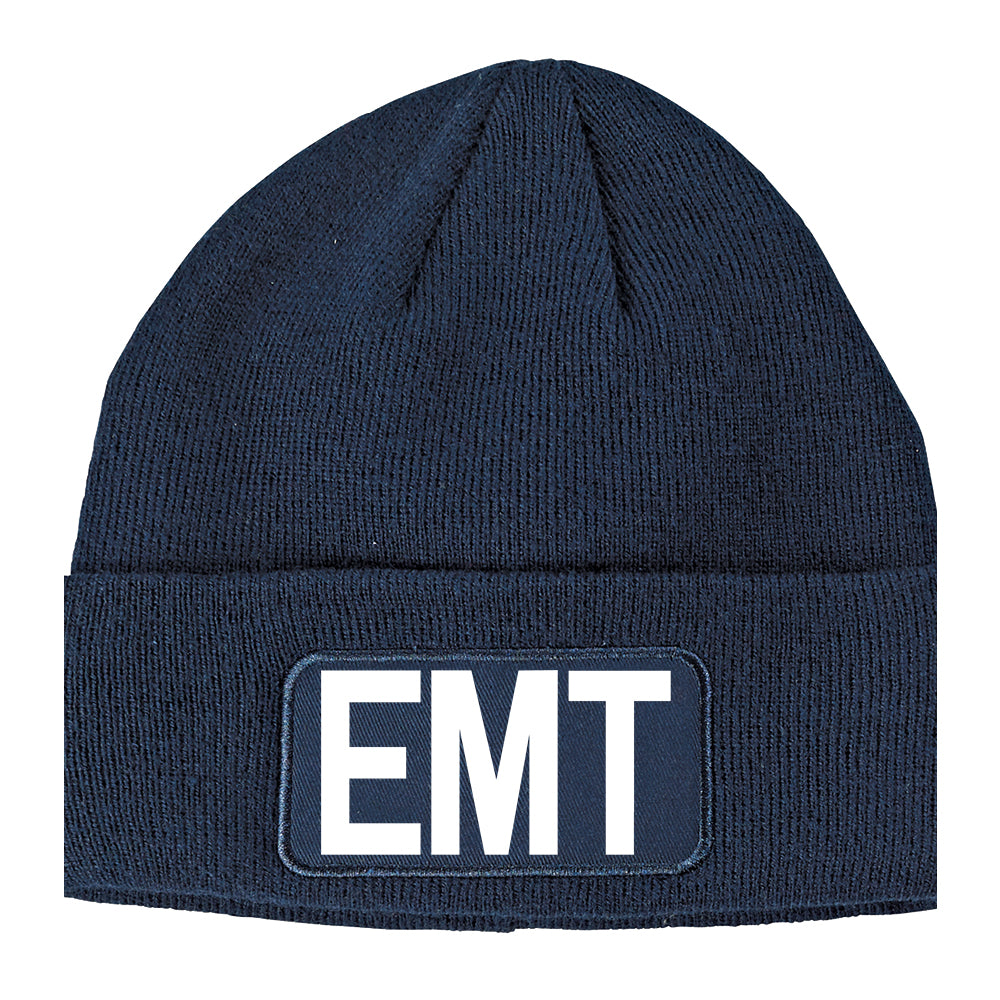 EMT Emergency Badge Winter Knit Adult Beanie Hat Navy Blue