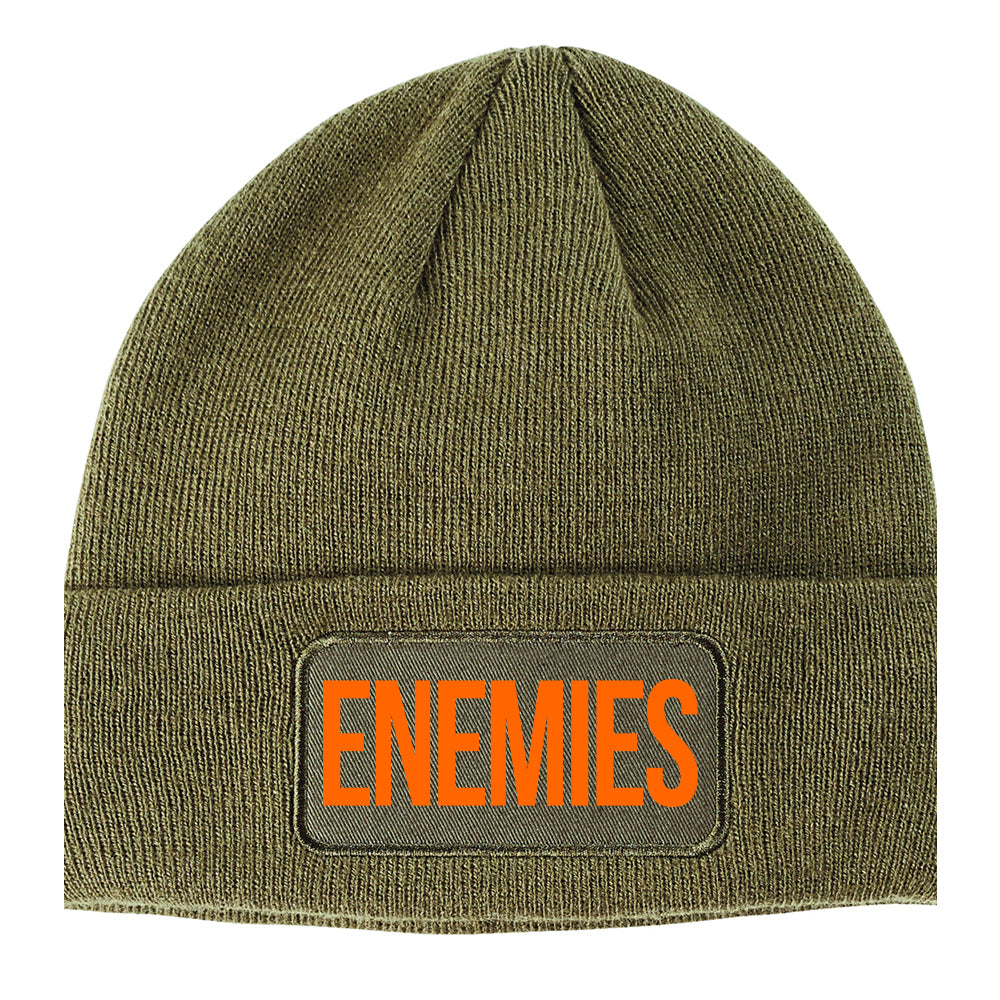 ENEMIES Orange Print Winter Knit Adult Beanie Hat Olive Green