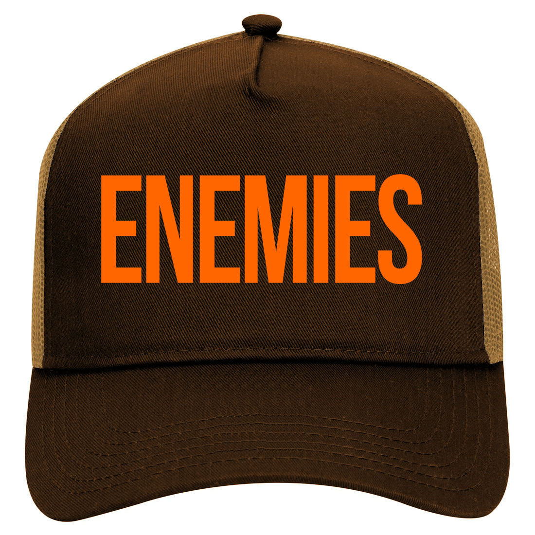 ENEMIES Orange Print Mens Mesh Trucker Hat Brown