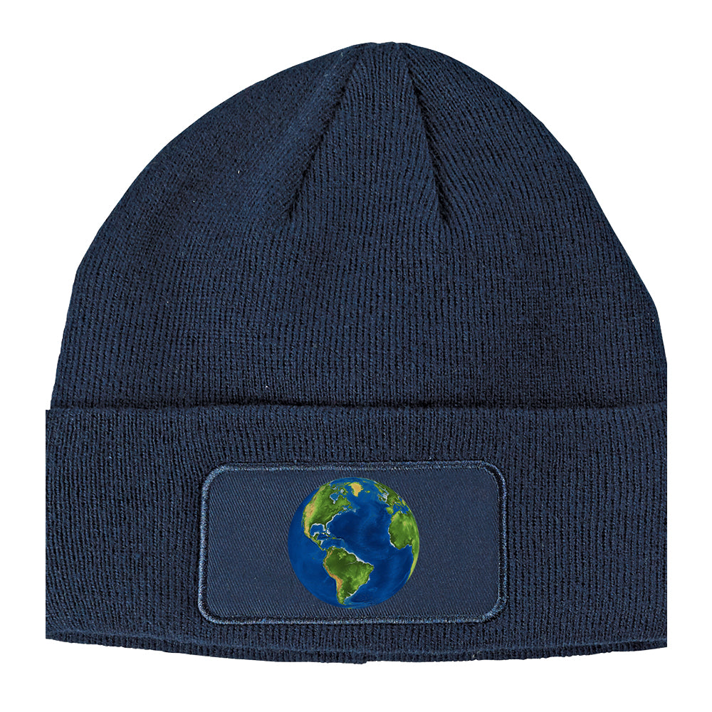Earth Globe Earthday Winter Knit Adult Beanie Hat Navy Blue