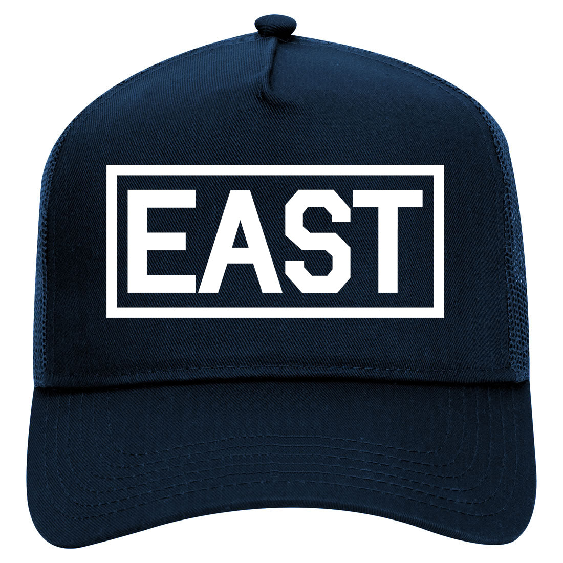 East Box Logo Mens Mesh Trucker Hat Navy Blue