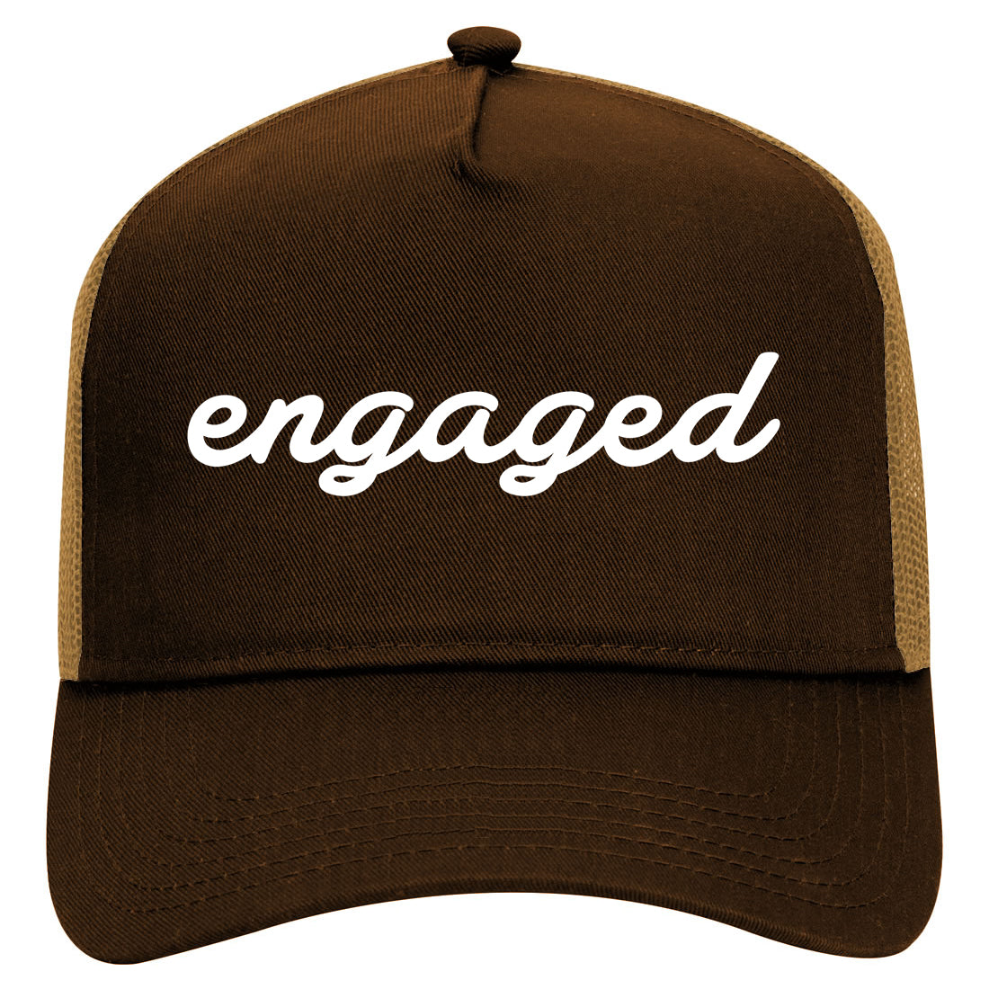 Engaged Script Mens Mesh Trucker Hat Brown