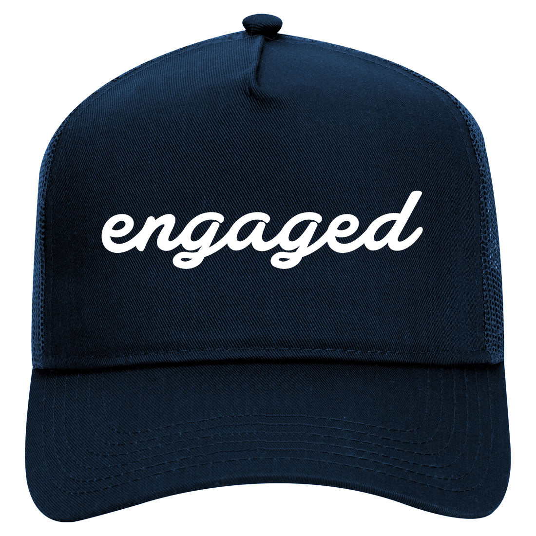 Engaged Script Mens Mesh Trucker Hat Navy Blue
