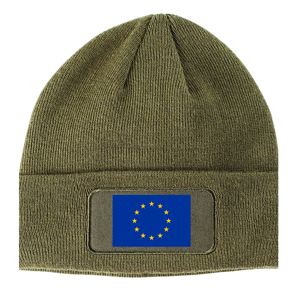 European Union Flag Winter Knit Adult Beanie Hat Olive Green