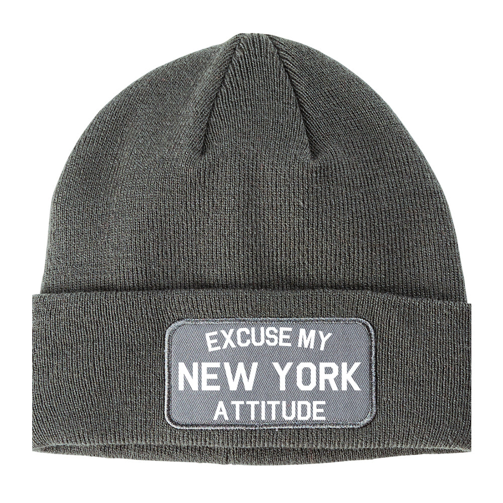 Excuse My New York Attitude Winter Knit Adult Beanie Hat Grey