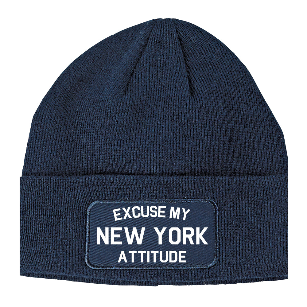 Excuse My New York Attitude Winter Knit Adult Beanie Hat Navy Blue