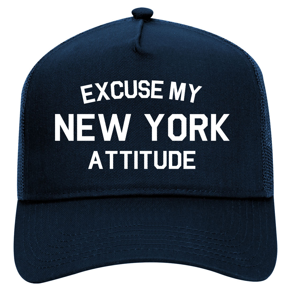 Excuse My New York Attitude Mens Mesh Trucker Hat Navy Blue