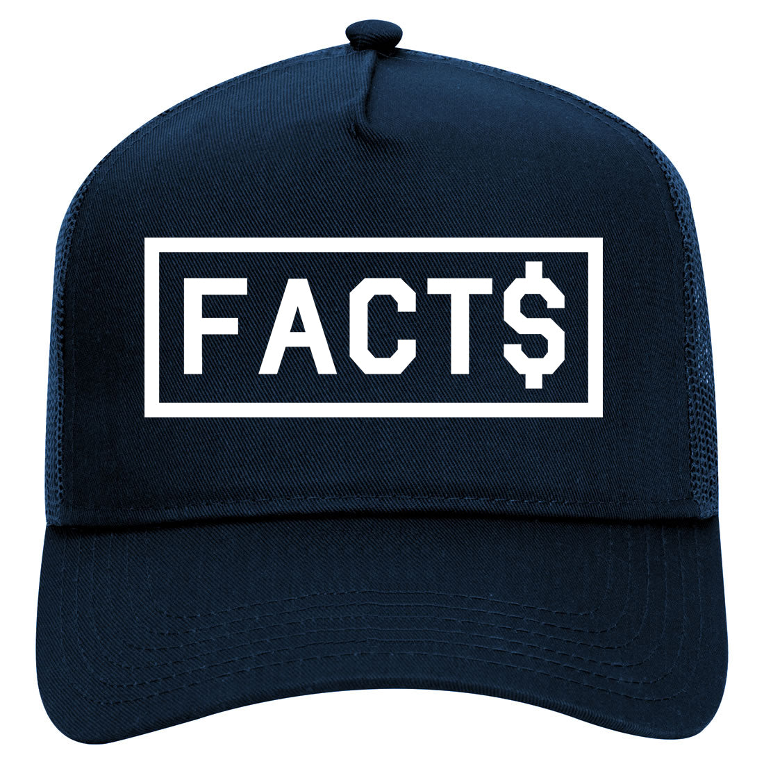 Facts Money Sign Box Mens Mesh Trucker Hat Navy Blue