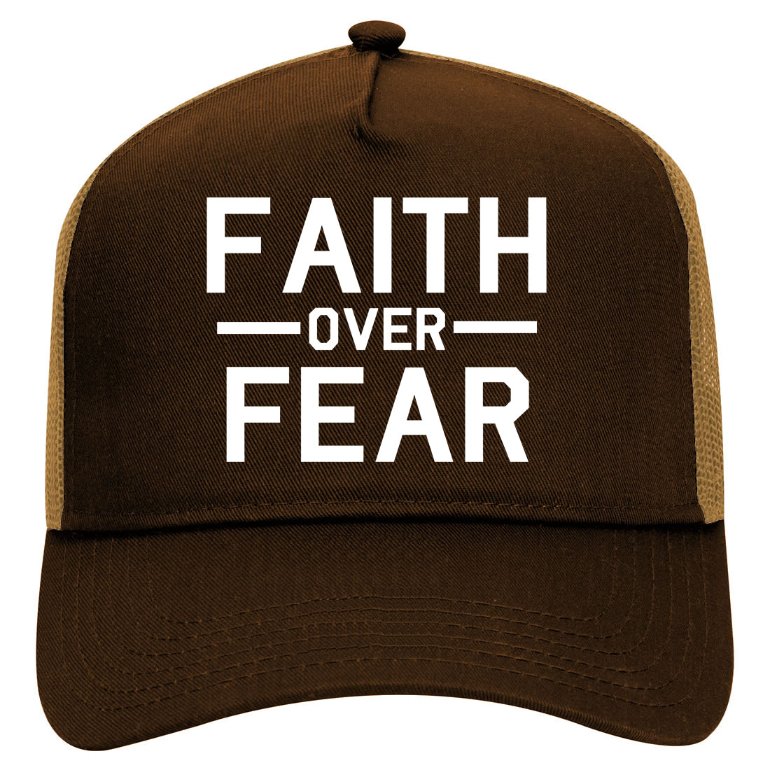 Faith Over Fear Mens Mesh Trucker Hat Brown