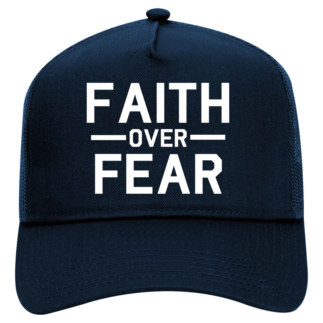Faith Over Fear Mens Mesh Trucker Hat Navy Blue
