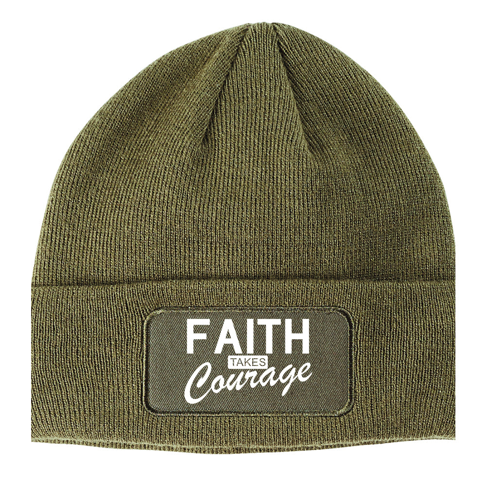 Faith Takes Courage Religious Winter Knit Adult Beanie Hat Olive Green