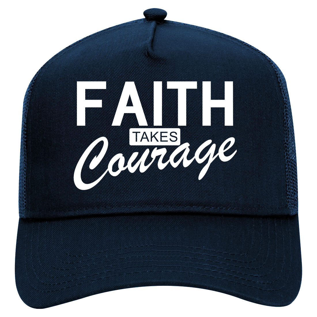 Faith Takes Courage Religious Mens Mesh Trucker Hat Navy Blue